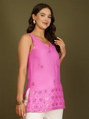 Mirror Work Sleeveless Kurti (Fuchsia)