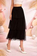 Black Layered Midi Net Skirt