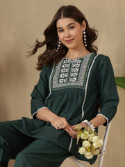 Green Embroidered Peplum Style Khadi Co-ord Set