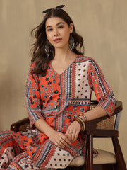 Orange Asymmetric Hem Abstract Print Co-ord Set